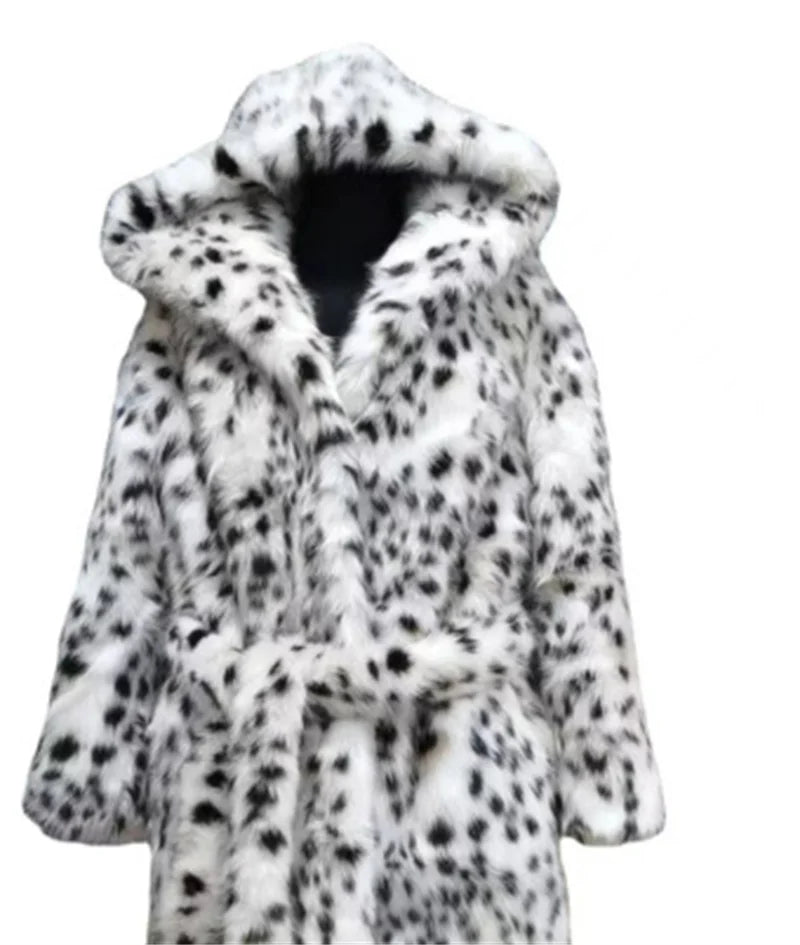 NEW Arrivals UK S-2XL Size 2 Colors Winter Warm Loose Plush Windbreaker With Hat Women Faux Fox Fur Black White Dot Leopard Coat Ladies Thick Long Overcoat