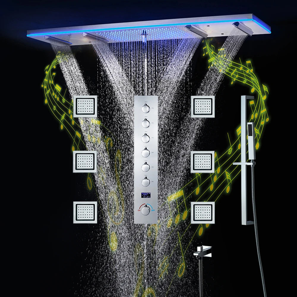 NEW Luxury Shower for Home Villa Hotels M47*12 Inch LED Lighting Large Black Shower Head Rainfall Bathroom Faucet Hot Cold + Music Shower System Set Smart Device Showers Mixer
