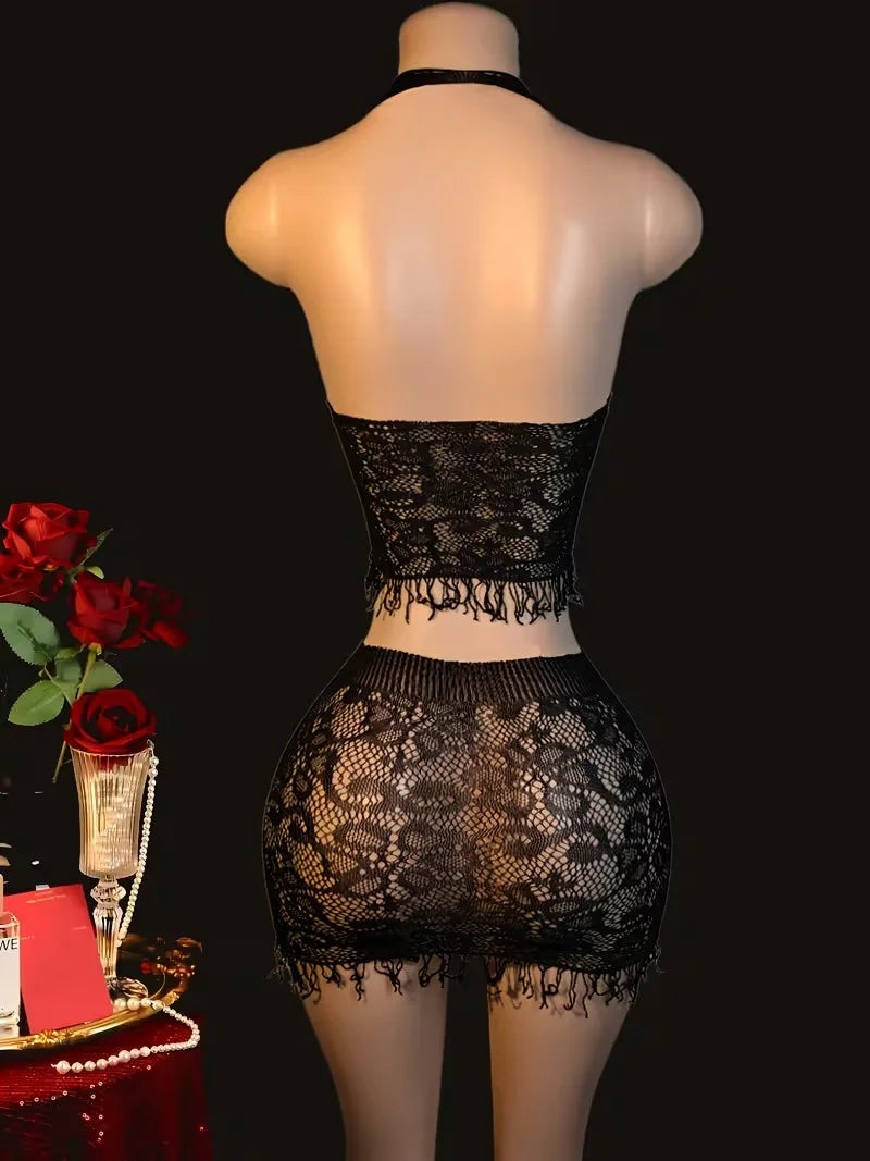 2 PCS Set Sexy Women Fishnet See Through Cover Ups Hollow Out Bodycon Women's Swimwear Tassel Dress Bikini Beachwear Bathing Suit
