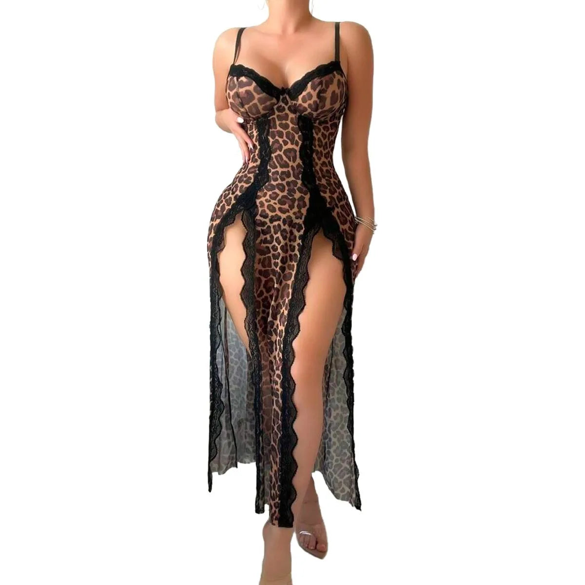 NEW Arrivals S-XL Size Blue/Brown Color Sexy Leopard Lace Mesh Long Sleeve V-Neck Home Sleepwear Set Strapless High Slit Comfortable Breathable Women Sexy Nightgown Nightdress