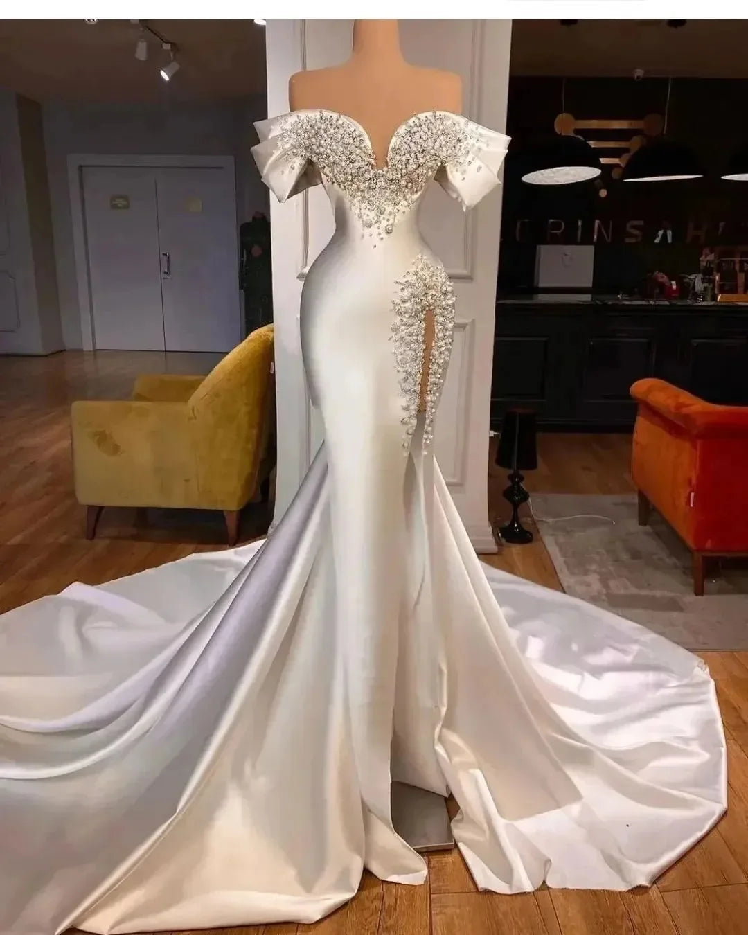 Low-Price Sales are Limited NEW S-3XL White/Ivory Customized Luxury Pearls Mermaid Wedding Dress Off The Shoulder Beaded Split Bridal Gowns Bride Satin Arabic Dubai De Mari Ladies Luxury Fashion Clothing Supplies