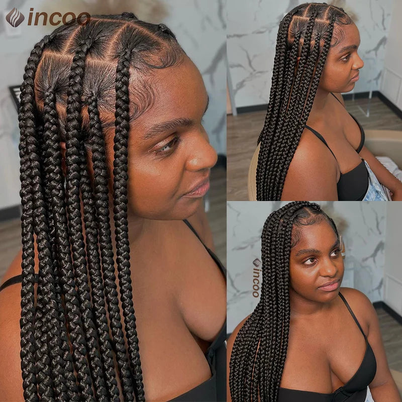 Large Box Braided Wigs Jumbo Knotless Full Lace Front Synthetic Wigs For Black Women Jumbo Tribal Braids Faux Locs Cornrows Wig