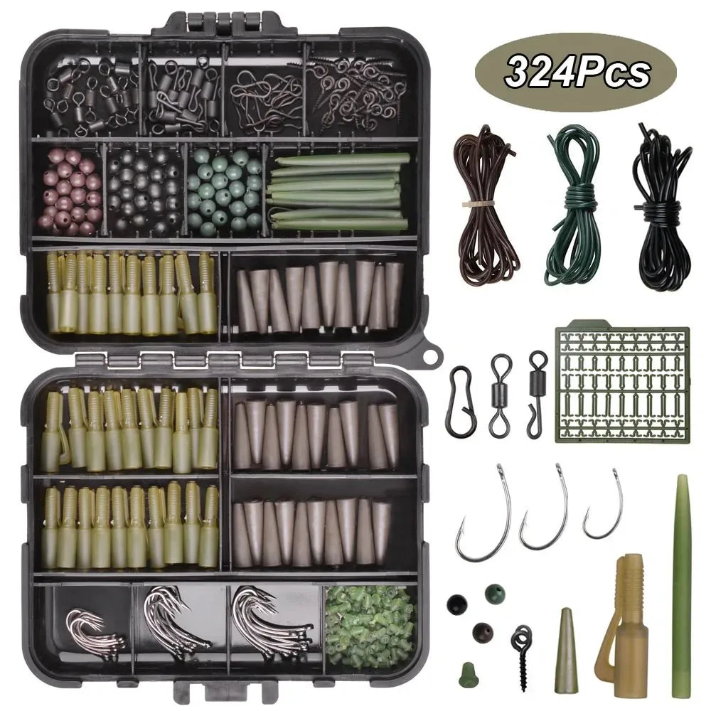 324 PCS Set Case Carp Fishing Accessories Tackle Kit Anti Tangle Sleeves Lead Clips Hooks Swivels Hook Stop Beads Boilie Bait Screw Ocean River Lake Fishing Accessories Tool Sets