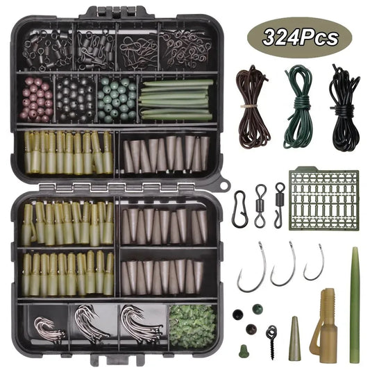 324 PCS Set Case Carp Fishing Accessories Tackle Kit Anti Tangle Sleeves Lead Clips Hooks Swivels Hook Stop Beads Boilie Bait Screw Ocean River Lake Fishing Accessories Tool Sets