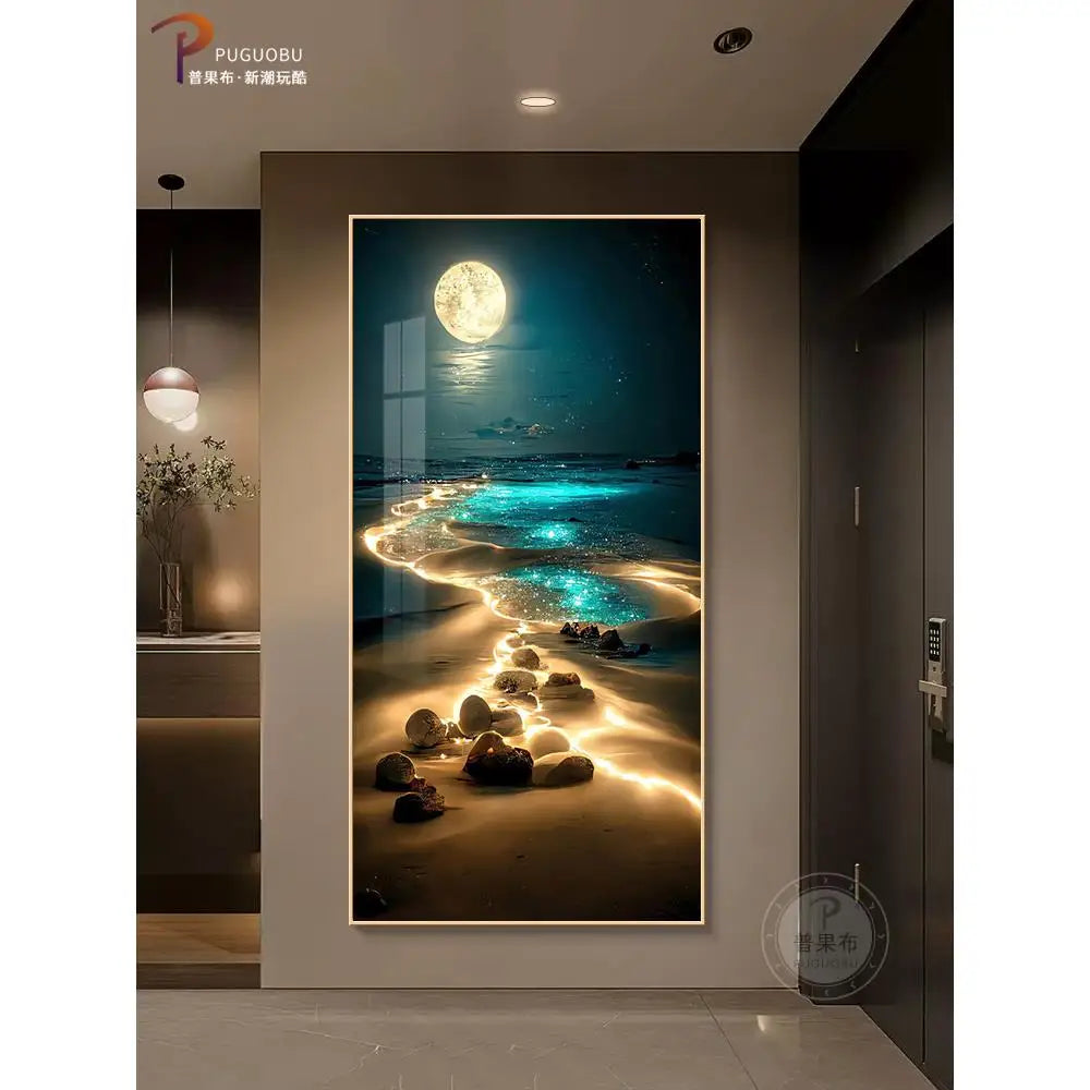 Entrance Decoration Light Painting Moon Corridor Hanging Painting Light Sea Home Living Room Mural Light Ocean Waves Wall Lamp