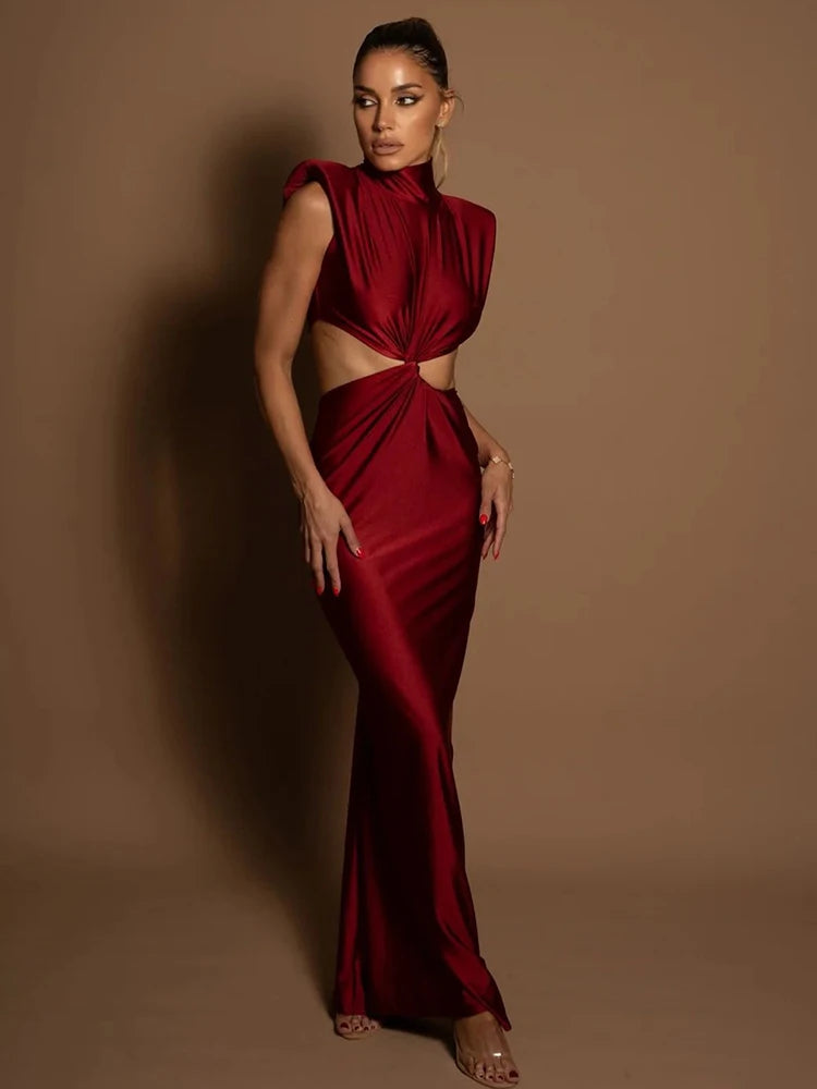 NEW Arrivals Luxury Hollow Out Turtleneck Sexy Maxi Dress For Women Female Solid Sleeveless Bodycon Tank Dresses Evening Night Club Party Dress Girls Ladies Luxury Fashion Clothing Supplies