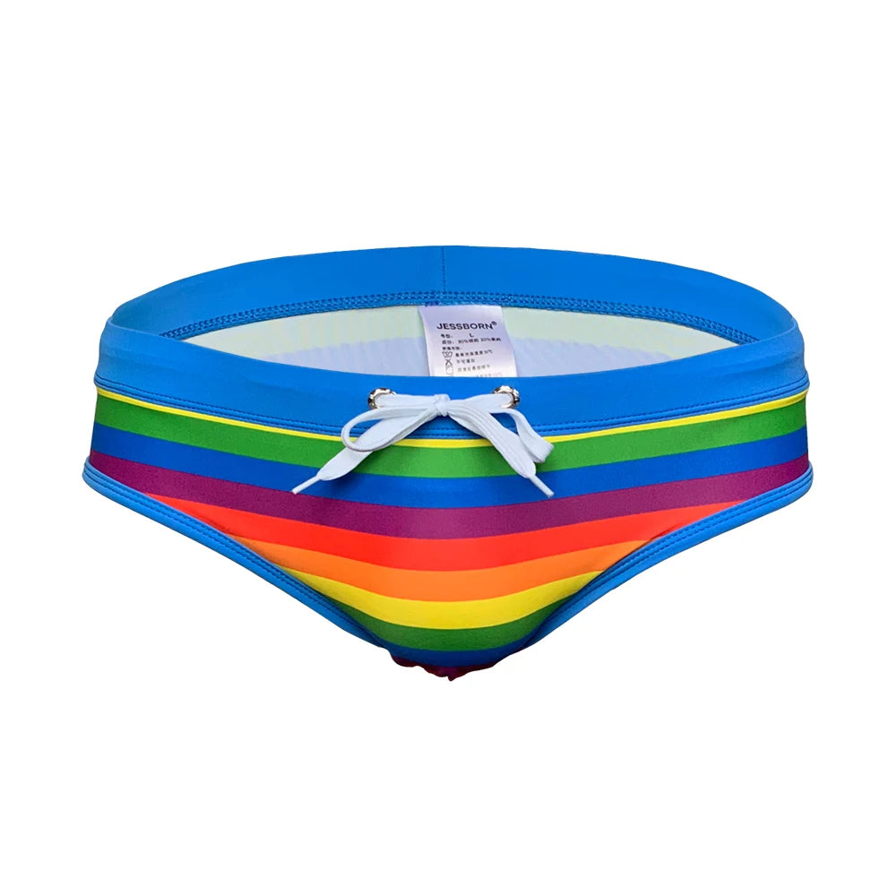 Sexy Low Waist Men Swimwear Rainbow Striped Swim Briefs Summer Europe America Fashion Nylon Pad Push Up Bikini Bathing Suit