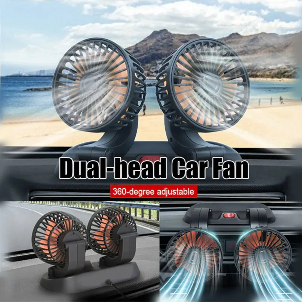 NEW Arrivals Car Cooling Fan 360° Adjustable Dual Head Cooling Air Fan Brushless Motor Low Noise Automobile Vehicle Fan Micro USB for Car Use Car Accessories