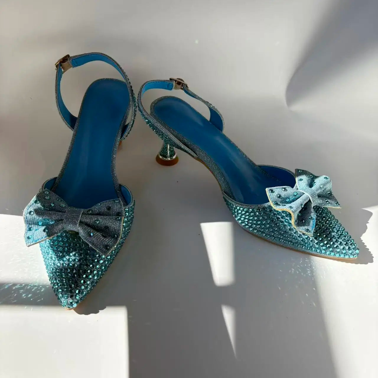Newest Lake Blue Pumps Women Thin Heels with Bag Set Rhinestones Leather Sandals Evening Wedding Party Women's Shoes for Bridal