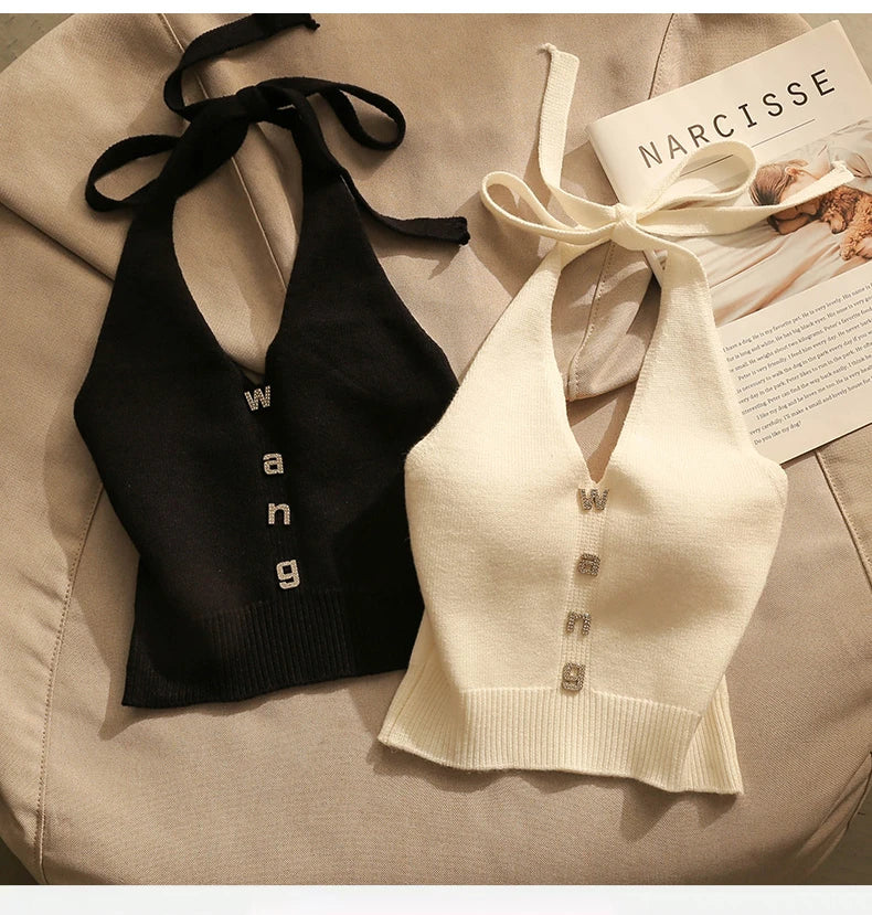 NEW Arrivals Sexy Cross Vest Crop Tops Women Sports T-Shirt Knitted Off Shoulder V-Neck Solid Backless Tank Vest Halter Y2K Top Camisole