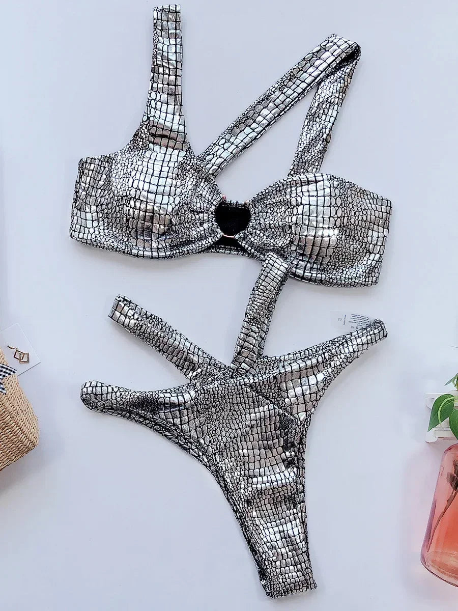 NEW Arrivals Silver/Pink/Gold Asymmetric Shiny Snake Skin Thong Bikini Female Swimsuit Women Swimwear Two Pieces Bikini set High Cut Bather Bathing Suit Swim Girls Ladies Beach Wear