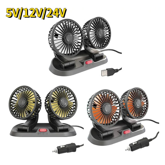 NEW Arrivals Car Cooling Fan 360° Adjustable Dual Head Cooling Air Fan Brushless Motor Low Noise Automobile Vehicle Fan Micro USB for Car Use Car Accessories