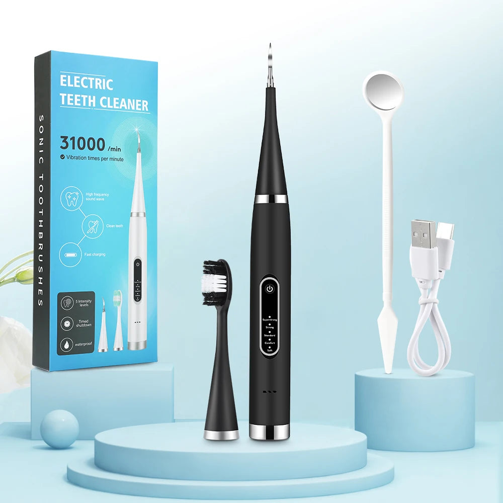 NEW Set Ultrasonic Electric Teeth Cleaner + 10 Heads Household Dental Scaler Tooth Whitening and Cleaning Device IPX6 Waterproof Tartar Calculus Plaque Remove Fresh Breath Oral Hygiene Tools Set