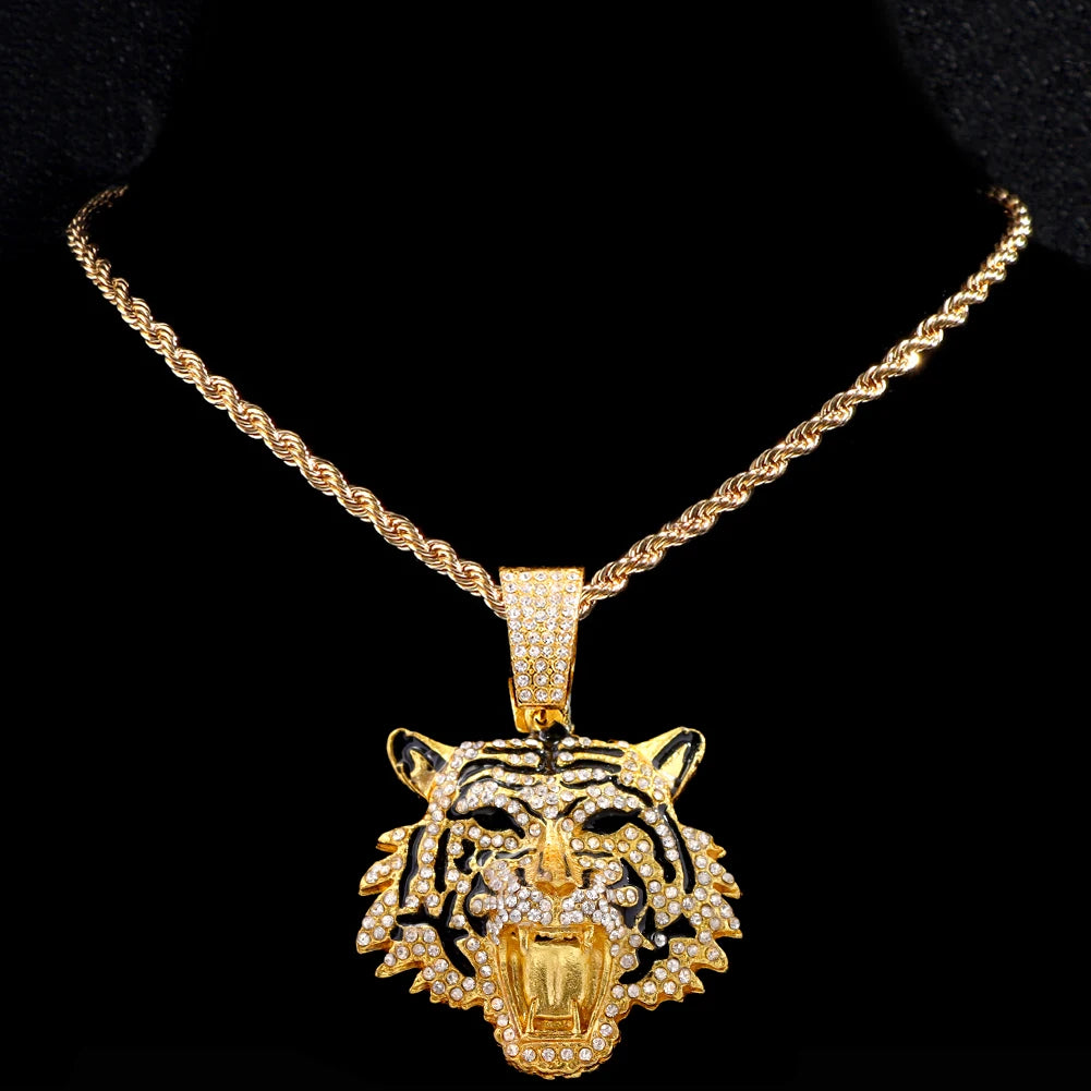 Luxury Rhinestones Gold/Silvery Color Hip Hop Tiger Head Pendant Necklace for Men Women, Iced Out Rhinestone Cuban Link Chain, Animal Bling Jewelry Gifts