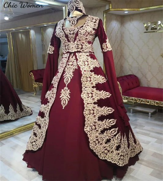 NEW Arrivals Uzbek Muslim Luxury Wedding Dress (US-SIZE) With Applique Lace Elegant Moroccan Abaya Dubai Bridal Gown Long Sleeve Islamic Formal Dress Muslim Ladies Luxury Fashion Apparel Supplies