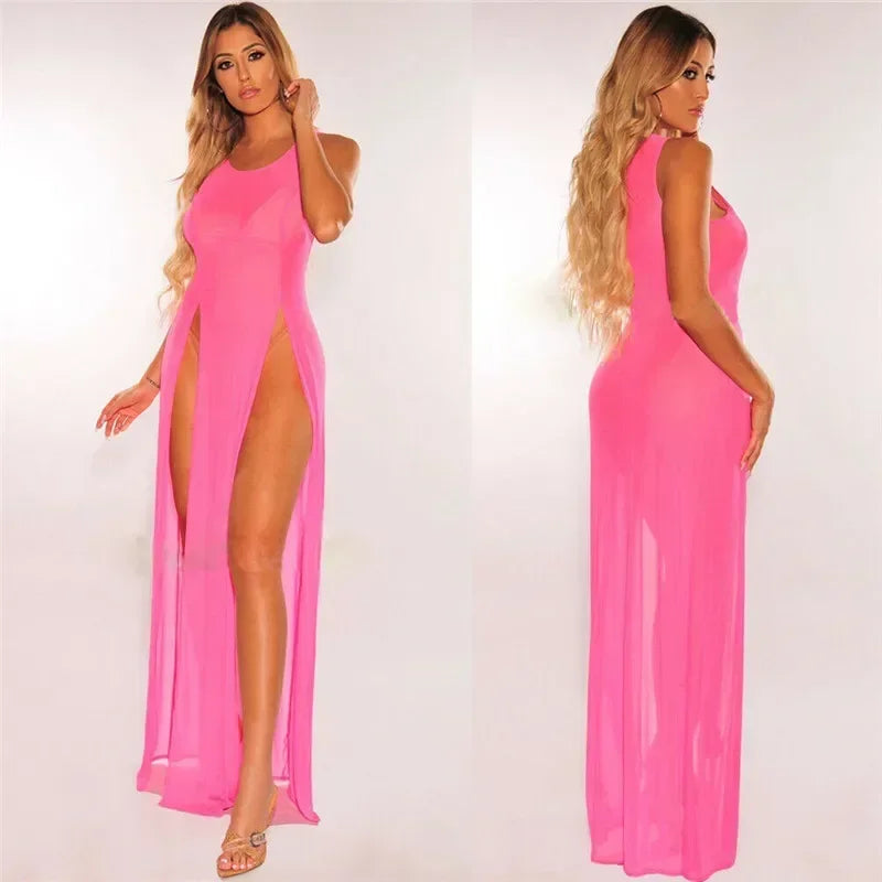 NEW S-XL UK Size  4 Colors Summer Sexy Mesh Sheer Long Dress for Women Bikini Cover Up Beach Sundress Solid See-through Sleeveless Strap Beach Dress