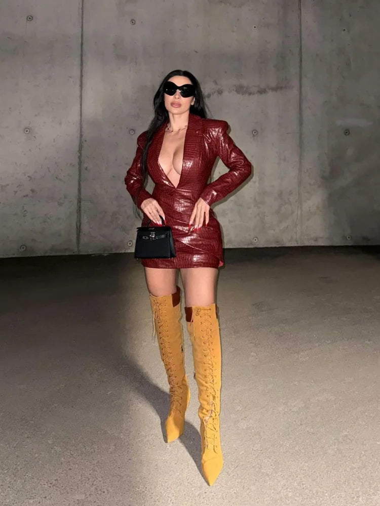 NEW Arrivals Women Sexy Deep V Red Lattice Leather Maxi  Dress Fashion Long Sleeve High Waist Fold Slim Dresses Lady New Highstreet Evening Party Nightclub Dress Ladies Luxury Fashion Clothing Supplies