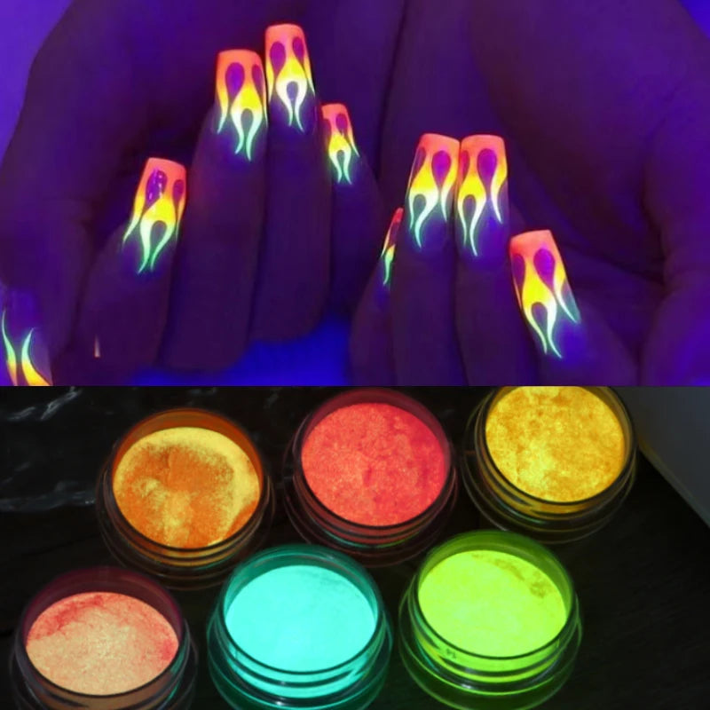 6PCS/SET Luminous Nail Glitter Powder Glow In The Dark Green Orange Neon Pigment Dust Fluorescence Luminescent Manicure Decor