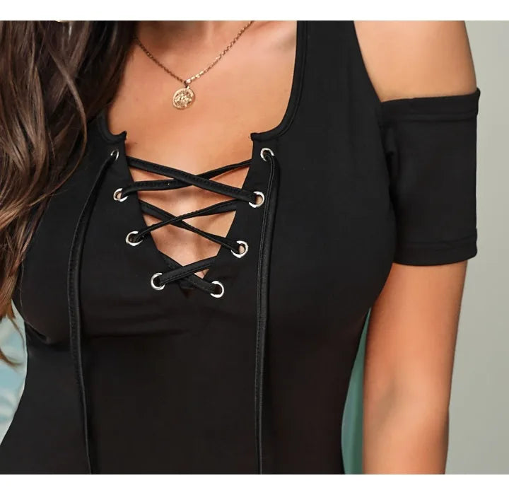 NEW Arrivals Women's Top Retro Style Summer Fashion Versatile Slim Fit Pullover Solid Off Shoulder Rope Short Sleeved T-Shirt Female Girls Casual Fashion Apparel Accessories