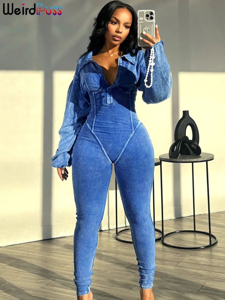 NEW S-XL UK Size 5 Colors Washed Distressed Jumpsuit Women Ribbed V-Neck Solid Skinny Long Sleeve Fall Casual Trend Simple Activity Streetwear