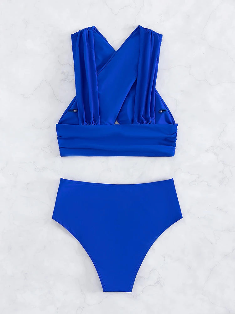 In-X High Waist Bathing Suit Ladies Solid Blue Bikini Set Crisscross Swimwear Women 2023 New Bikini Push Up Women Sexy Crop Top