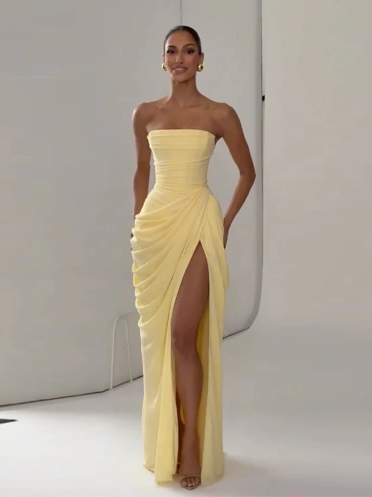 7 Colors Elegant Strapless Women's Dresses Sleeveless Waist Cinching Pleated Split Party Dress Spring Summer Evening Party Trendy Female Fashion