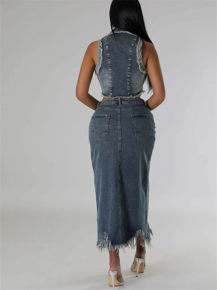 Women Two Piece Set Casual Stretch Denim Summer Sleeveless Turn-down Collar Crop Tops Split Skirts Party Streetwear Suits