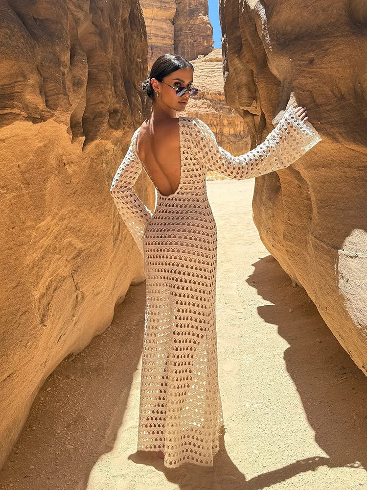 NEW Sexy Handmade Beige Knit Mesh Backless Long Bell Sleeve Beach Maxi Dress Women's Summer Slim Outfits Vacation Swimsuit Cover Up Tunic K205
