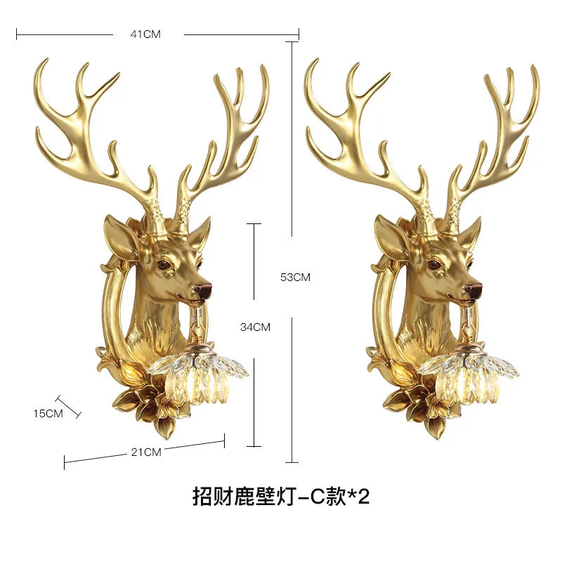 American Retro Lucky Deer Head Warm and White Lighting Wall Lamps Living Room Bedroom Restaurant Hotel Atmosphere Decorate Crystal Antlers Wall Sconces