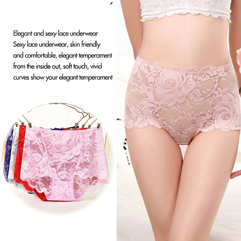 3pcs Set L-4XL Sexy Lace Panties Boxers  Women's Underpants Solid Color Large Size High Waist Briefs Breathable Lift Buttocks Female Underwear Supplies Ladies Sexy Lingerie Fashion Clothing Sets Products