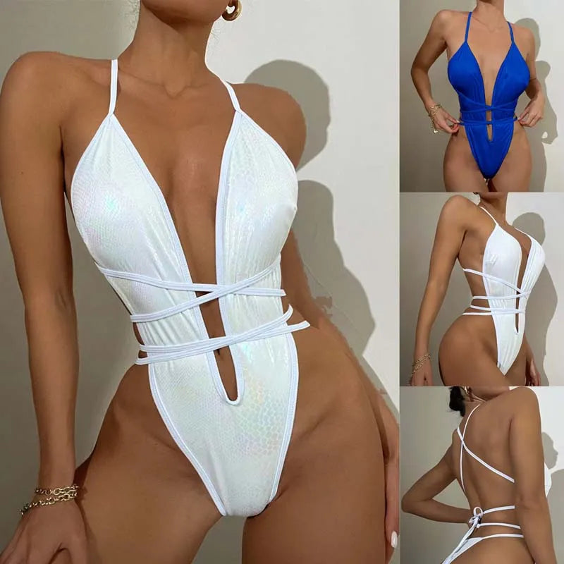New Swimsuit Sexy Serpentine Deep V Backless Bikini One-piece Swimsuit Swimsuit Women Beach Wear