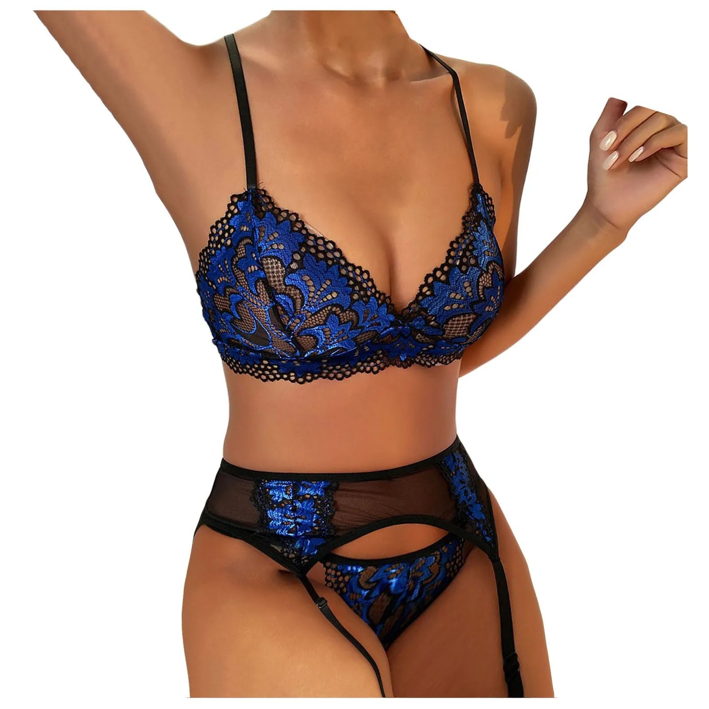 Women Sexy Mesh Lace Lingerie 3PCS Transparent Embroidery Push Up Bra Sex Panties Temptation Erotic Costumes Sensual Underwear