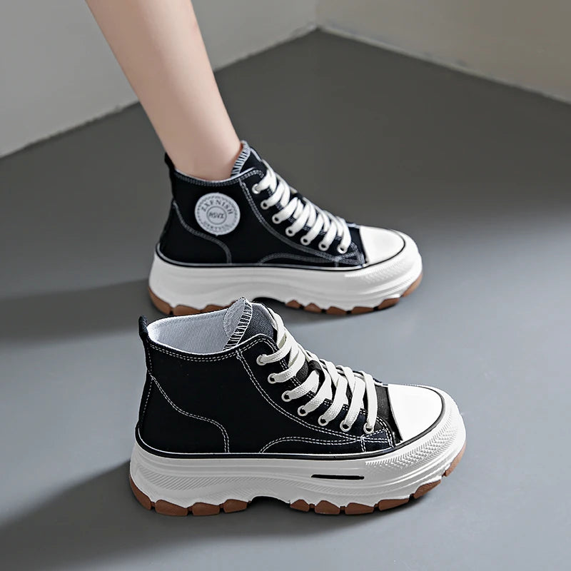 Women High Top Sneakers Lace-Up Casual Platform Height Canvas Non-slip Wear Resistant  Spring Female Vulcanize Shoes