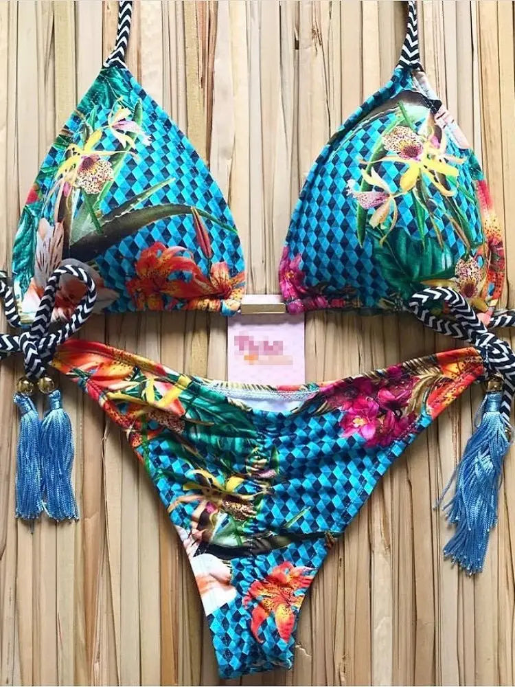 Sexy Micro Bikinis Set New Swimsuit Women Feather Print Bandage Swimwear Female Bathing Suit Brazilian Biquinis