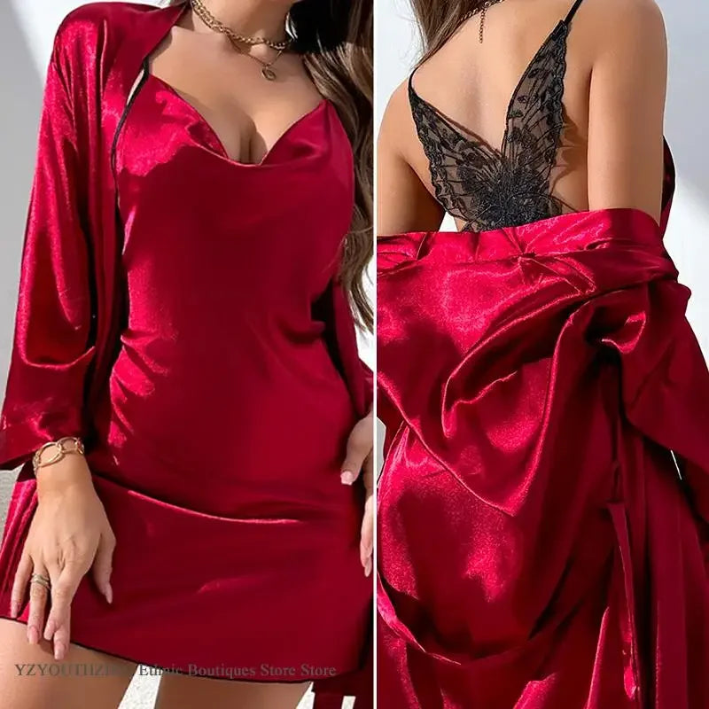 NEW Arrivals 2PCS Set Black/White/Burgundy Color Female Rayon-Ice Silk Night & Robe Satin Set Four Seasons Home Wear Butterfly Lace Nightgown Pajamas Dresses Women Thin Outerwear Loungewear