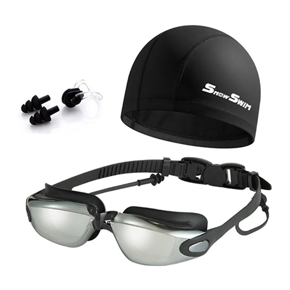NEW 4 PCS Set Anti-Fog Adult Myopia/ Transparent/ Electroplated Professional Swimming Goggles Set with Nose Clip, and Ear Plugs Adjustable Silicone Swim Cap Waterproof Ultralight