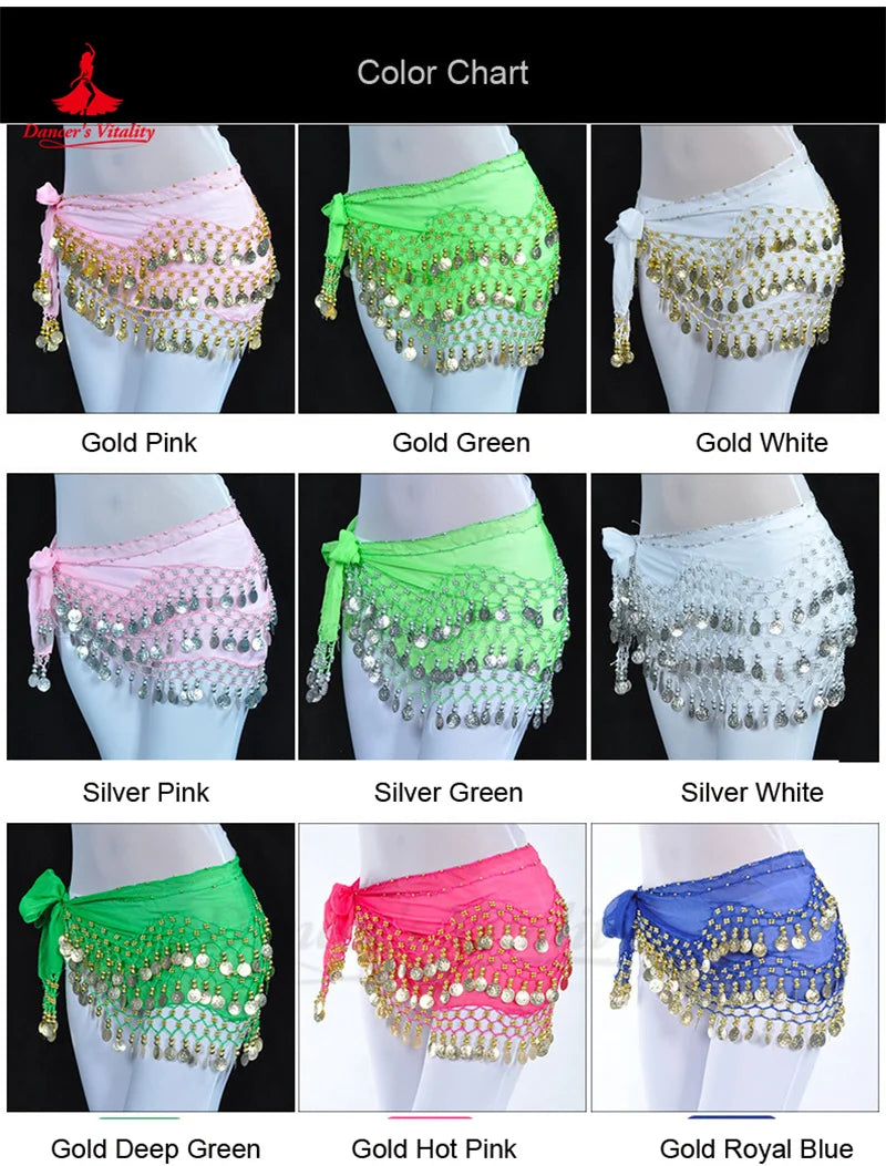 NEW Arrivals Belly Dance Belt for Women Chiffon Gold Coins Oriental Dancing Wear Accessories Girl's Chiffon Silver Coins Belly Dance Hip Scarf
