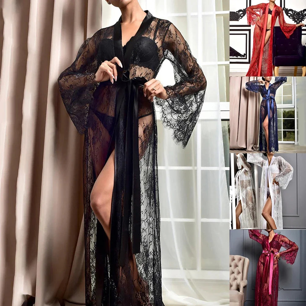 NEW Sexy Women 5 Colors Long Lace Mesh See Through Sleepwear Nightdress Babydolls Nightgown Robes Pajamas Loungewear Girls Ladies Luxury Fashion Lingerie Supplies