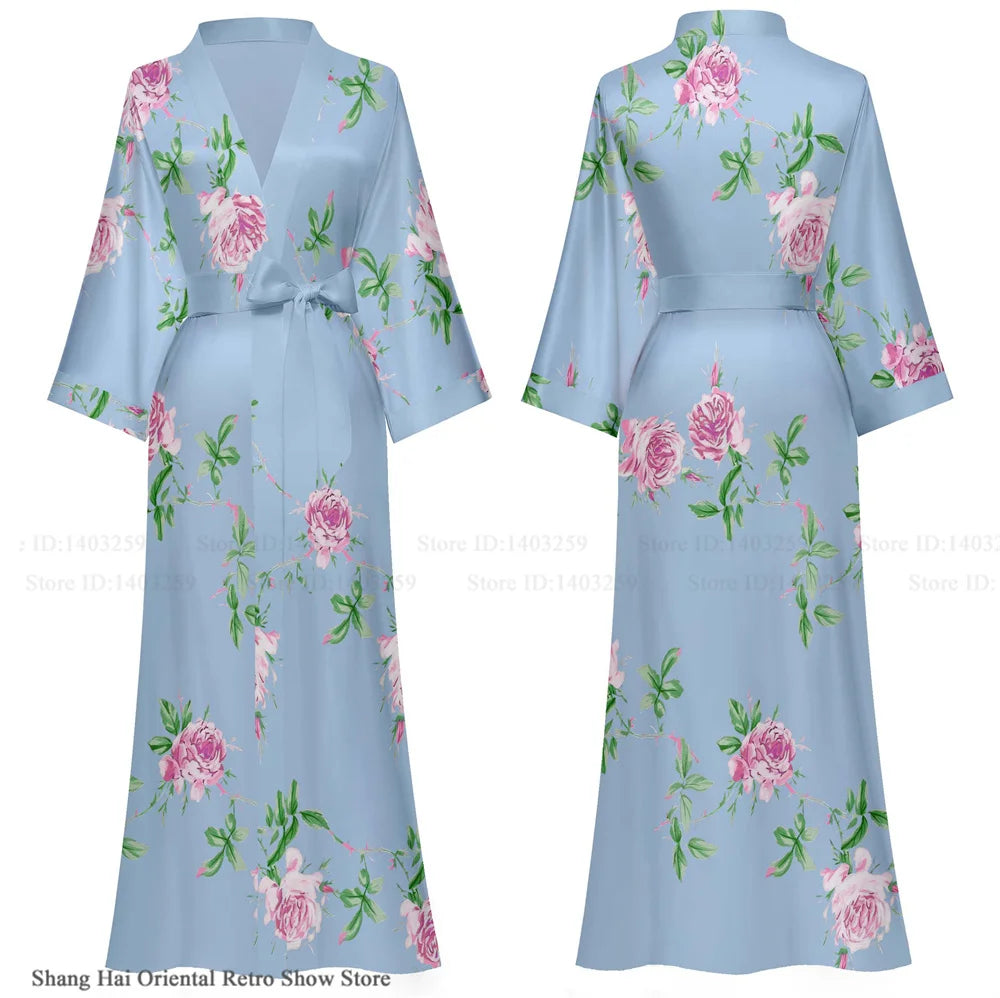 NEW Luxury Japanese Silk Elegant Flower Women Long Robe Loungewear Silky Satin Kimono Bathrobe Gown Spring Autumn New Sleepwear Home Dress Negligee