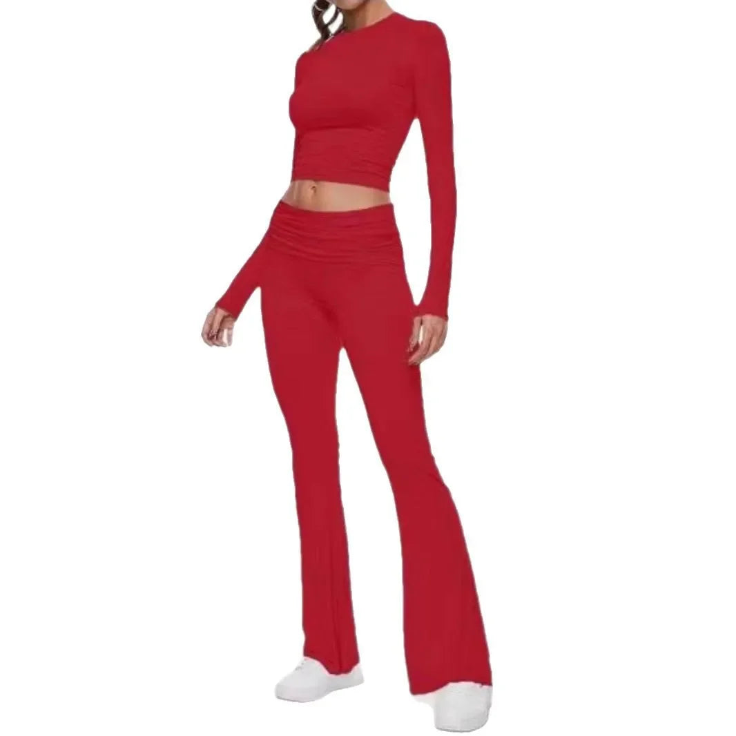 NEW Arrivals S-XL 7 Colors High-End Women's Long Sleeve Top And Flared Pants Set Fashionable And Stylish Polyester Fiber Women Outdoor Streetwear Sports Sets