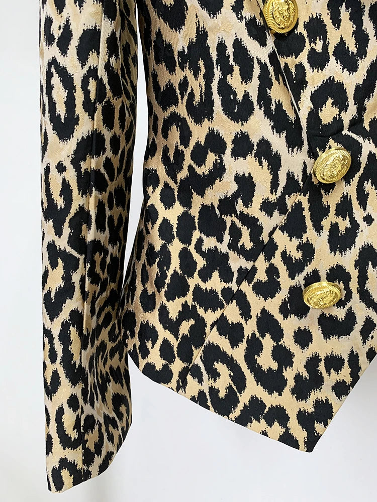 HIGH STREET Newest Designer Jacket Women's Slim Fit Lion Buttons Double Breasted Jackquard Leopard Blazer