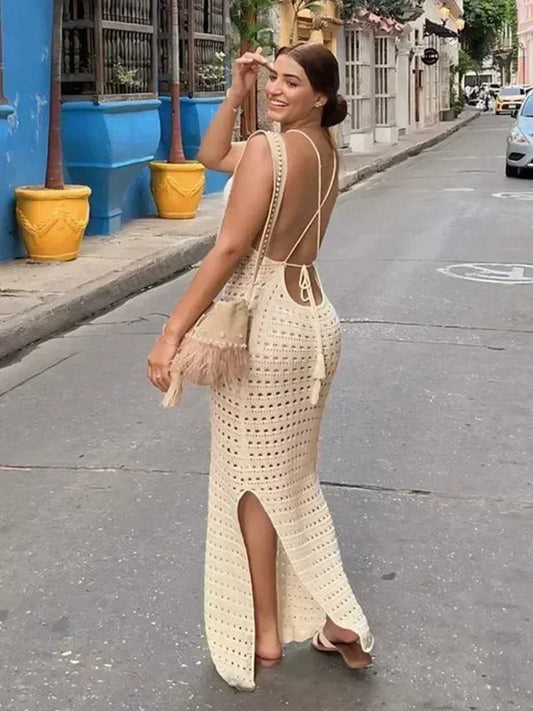 NEW Arrivals UK Size 6 Colors Sexy Knit Cut Out Tassel Spaghetti Strap Bodycon Evening Beach Party Maxi Dress Summer Women's Holiday Club Party Outfit Swimsuit Cover Up K10