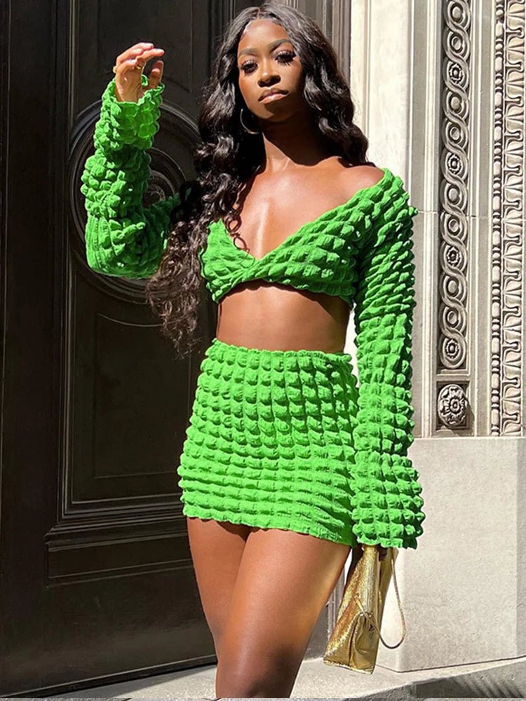 Skirt Set Women Outfits Twist Long Sleeve High Waist Skirt Suit Two Piece Set Beach Outfits Streetwear Green 2023 Matching Set