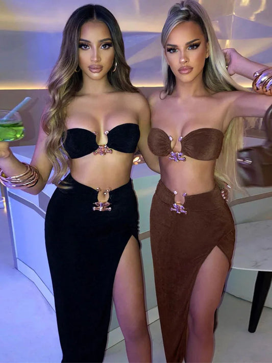 Low-Price Sales are Limited NEW 2PCS Set Velvet Sexy Strapless Crop Tube Top High Waist Slit Maxi Dress Fall Women Female Streetwear Evening Beach Party Night Club Outfit Sexy Dress Girls Ladies Luxury Fashion Clothing Suppli