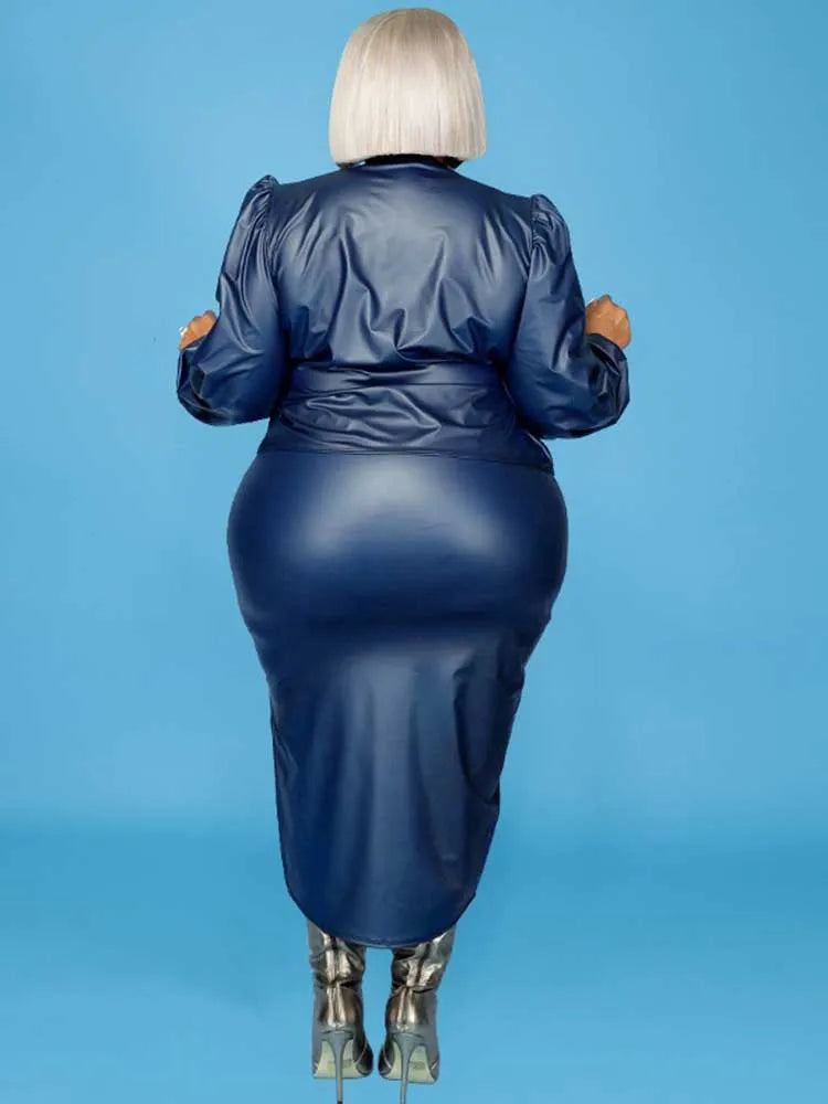 2 PCS Set XL-5XL Plus Size Blue/Black Color Curvy Women's Winter  Leather Blazer and Skirt Ladies Outfits Elegant Stretchy Top Quality PU Leather Skinny Matching Sets
