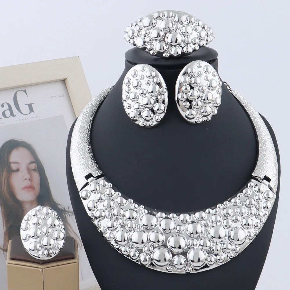 Dubai 24k Gold and Silver Plated Jewelry Set Luxury Women Original Necklace Earrings Pearl Bracelet Ring Bridal Evening Wedding Party Business Dinner Red Carpet Jewelry Luxury Gift for Wife Girlfriend