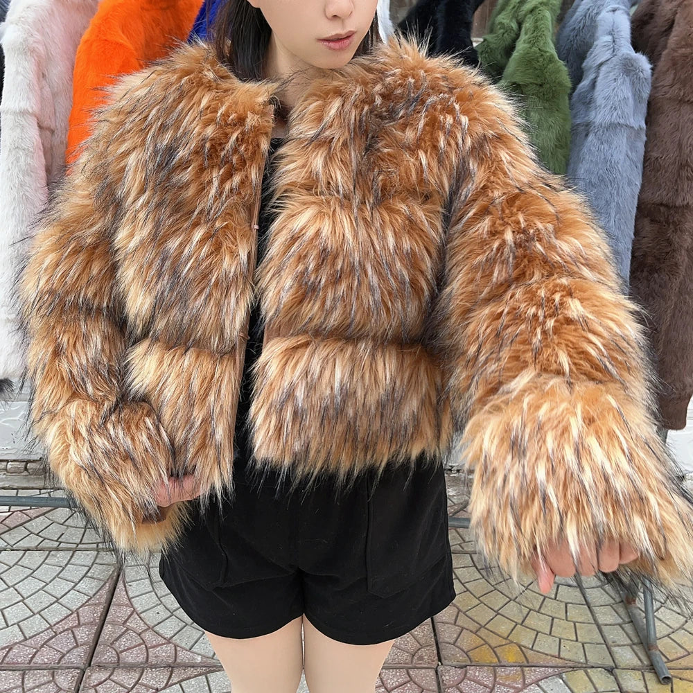 NEW HOT SALE XS-5XL Luxury Raccoon Faux Fur with Hood Coat Women's Jacket Winter Warm Snow Clothes Supplies Fashion Warm Thick Fox Raccoon Leather Brown Cold Coat Female Girls Luxury Fashion Clothing Products