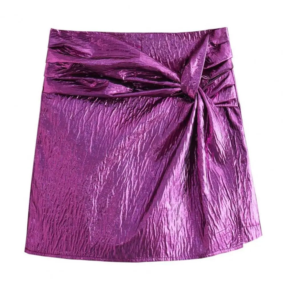 NEW Arrivals Silver/Purple Women Girls Autumn Winter Sexy Mini Skirt High Waist Knot Pleated Shorts Skirt Elegant Woman Short Pants Streetwear Evening Night Clubwear Female Girls Luxury Fashion Apparel  Products