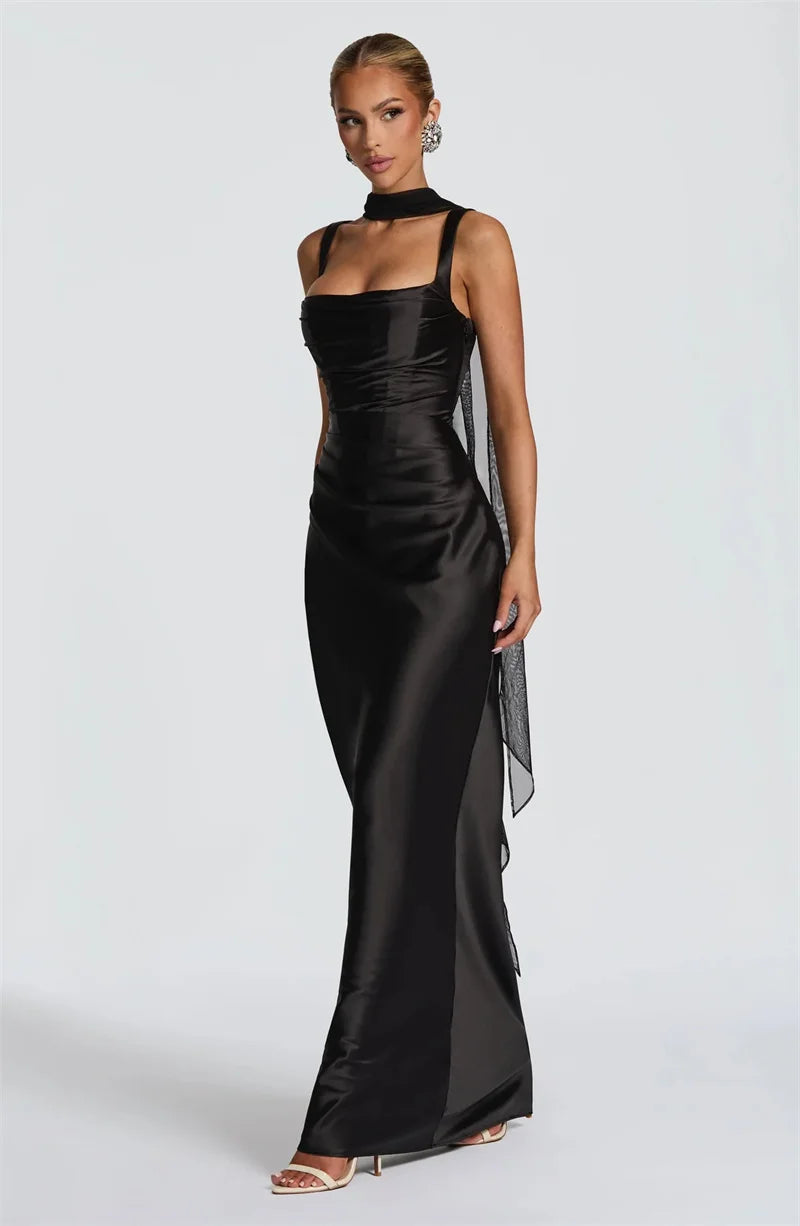 4 Colors  Satin Backless UK Size Sexy Luxury Maxi Dress Women Elegant Halter Off-Shoulder Sleeveless Lace-Up Bodycon Evening Wedding Guest Business Party Celebrity Long Dresses.