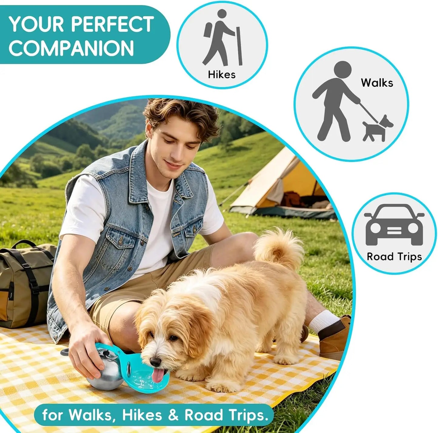 2 in 1Portable Foldable Outdoor Walking Dog Water Bottle, Plastic/Stainless Steel/Printed Pet Water Dispenser Silicone Feeder Drinking Cup Foldable Bowl Leak Proof Small/Large Dog Water Bottle